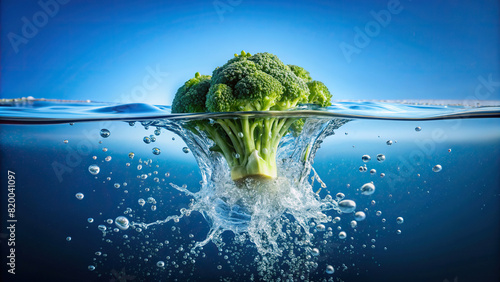 Extreme close-up of a broccoli floret hitting water and causing a splash, with the blue sky providing a serene background 