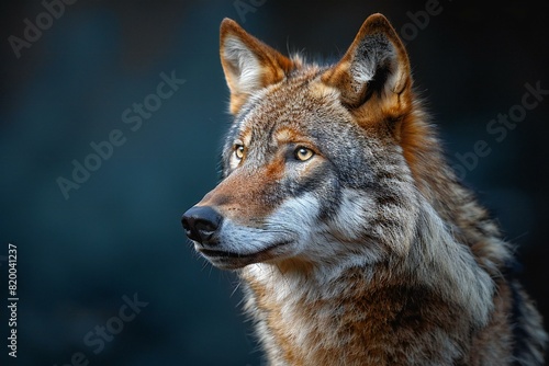 Wolf in a dark room against a blue backdrop  high quality  high resolution