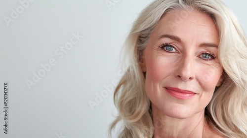 Happy smiling attractive 50s middle aged blonde woman looking at camera advertising antiage face skin and aging hair care treatment and cosmetics isolated on white background Close up    Generative AI