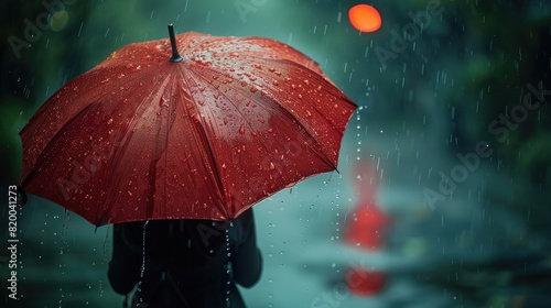 a woman walking down a street holding an red umbrella in the rain