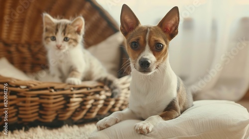 Beautiful dog and a small cat are sitting on a soft white pillow A kitten and a puppy together at home Cozy home concept   Generative AI