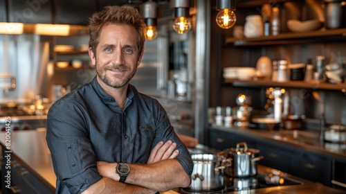 Cheerful chef in a vibrant kitchen  smiling with arms crossed in a lively culinary setting