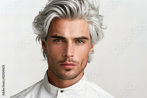 Manly man, silver hair, who is a waiter/waitress, close-up portrait , high resolution, high quality, high detailed photo