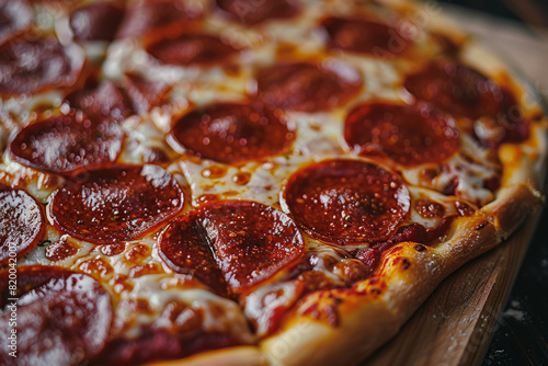 Delicious Pepperoni Pizza with Melted Cheese Topping on Wooden Board in Rustic Setting