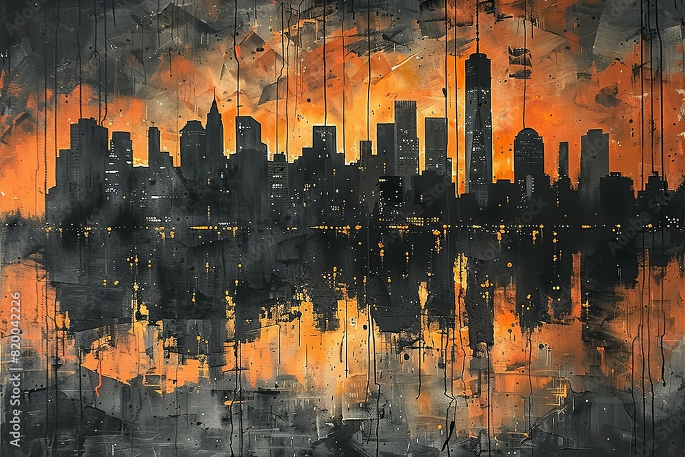 Illustration of abstract expressionist art style , the picture shows a night view of new york