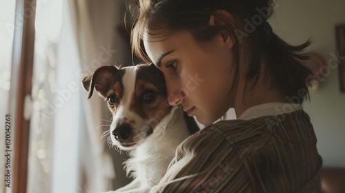 Young woman with her cute Jack Russell Terrier at home Lovely pet : Generative AI