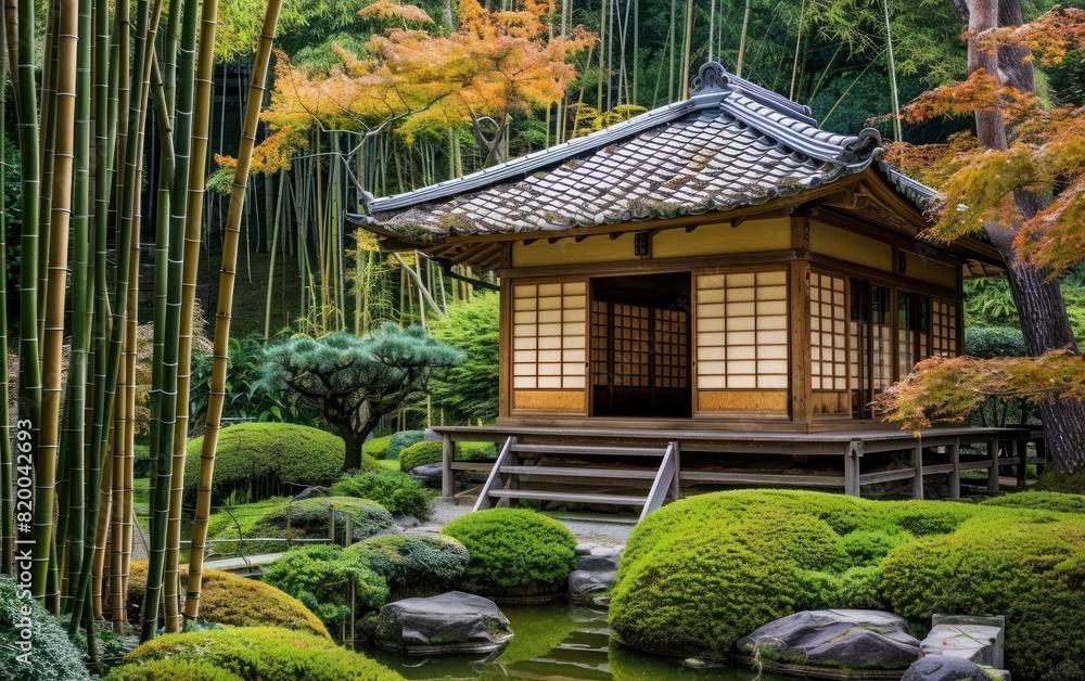 Obraz premium Tranquil Japanese Garden with Tea House