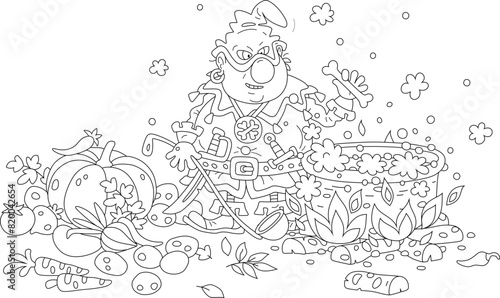 Angry cruel ogre cooking tasty soup from fresh vegetables and bones in his big cauldron on fire in a hearth of a cave, black and white outline vector cartoon illustration for a coloring book