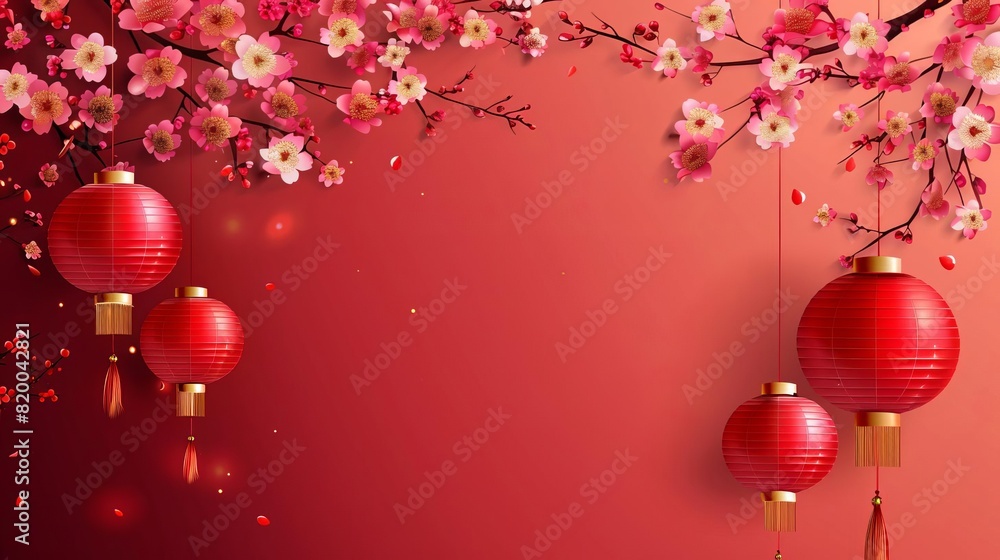 chinese lunar new year background with red paper lanterns and cherry blossoms vector illustration