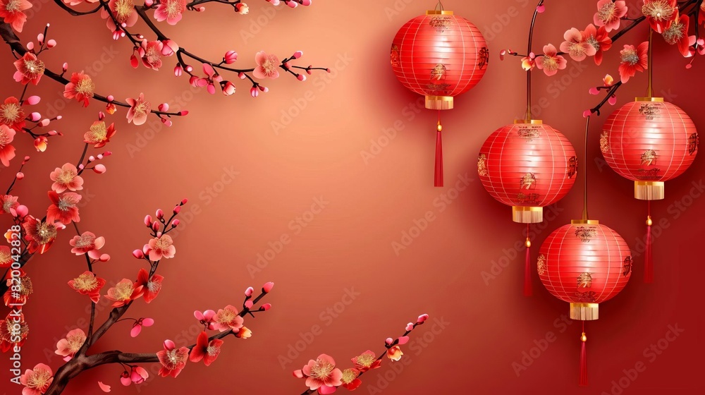 chinese lunar new year background with red paper lanterns and cherry blossoms vector illustration chinese lunar new year background with red paper lanterns and cherry blossoms vector illustration