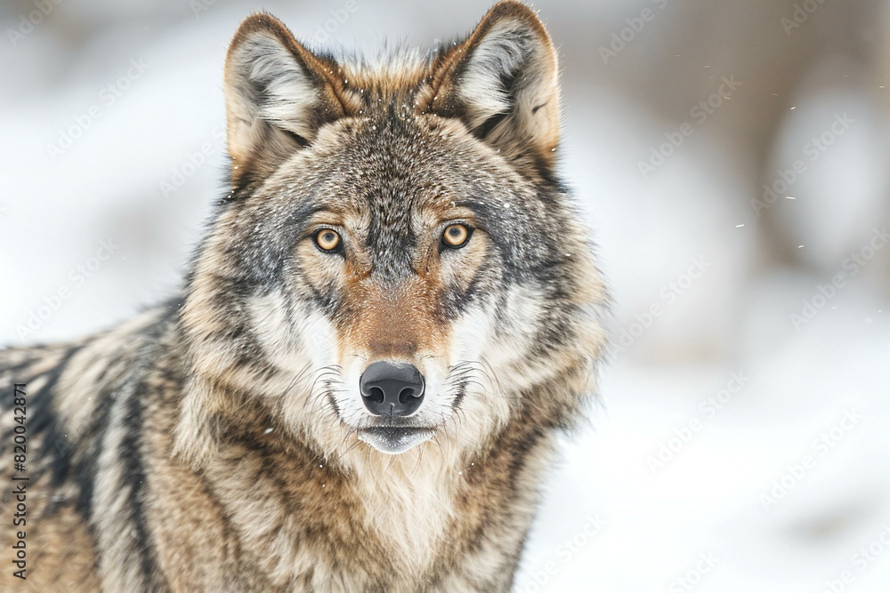 A grey wolf stands on a white background, high quality, high resolution