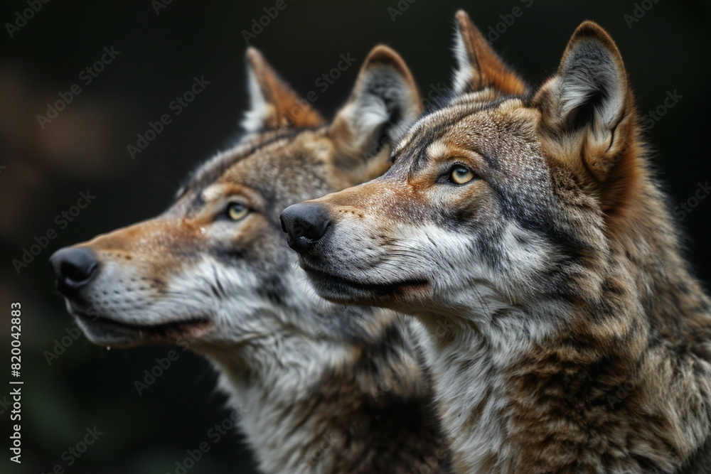 Depicting a two wolves howling with dark background, high quality, high resolution