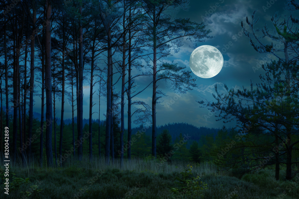 Enchanting Full Moon Rising Over Pine Forest at Night with Cloudy Sky Enchanting Full Moon Rising Over Pine Forest at Night with Cloudy Sky