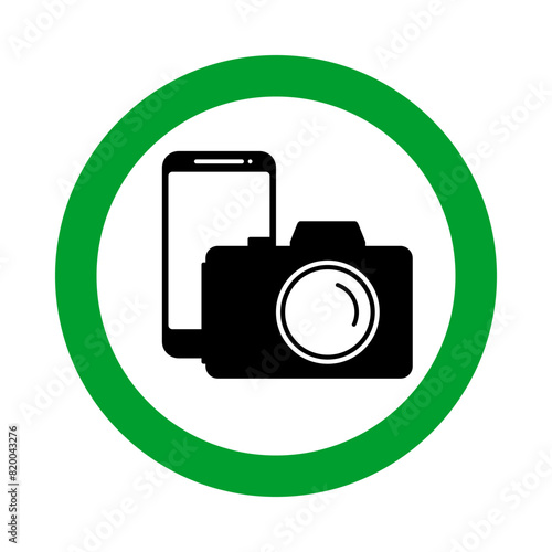 photo video recording allowed, digital camera and mobile phone in green circle pictogram, round vector icon