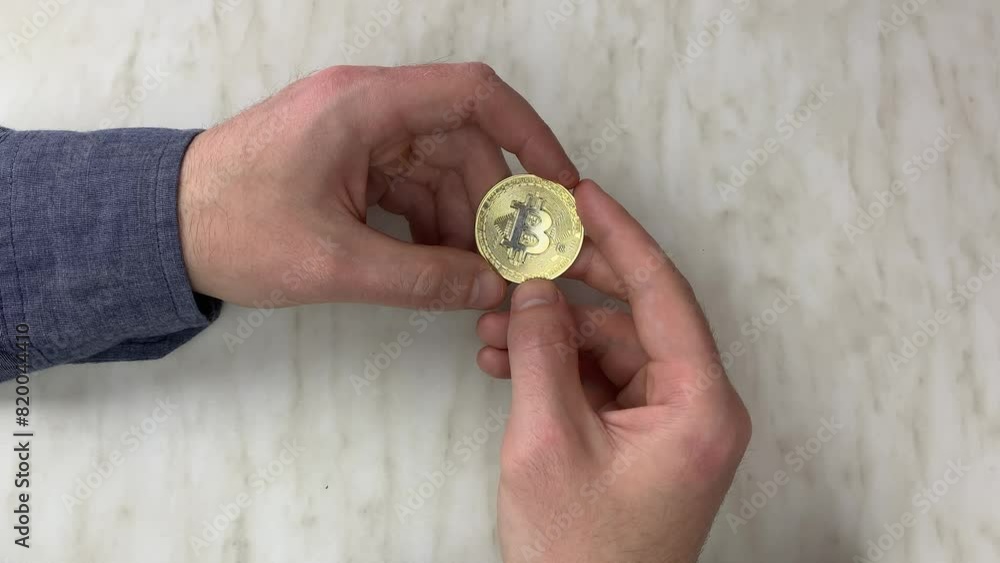 Hands looking at the physical version of Bitcoin with chip and built-in wallet with electronic money in cryptocurrency Hands looking at the physical version of Bitcoin with chip and built-in wallet with electronic money in cryptocurrency