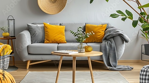 The stylish boho compostion at living room interior with design gray sofa wooden coffee table commode and elegant personal accessories Honey yellow pillow and plaid Cozy apartment Home : Generative AI photo