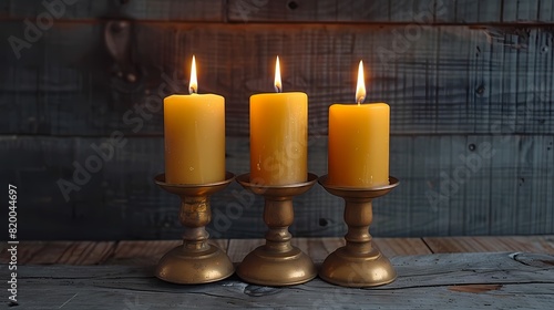 A set of antique brass candlesticks  each holding a flickering candle  casting a warm light on a solid background
