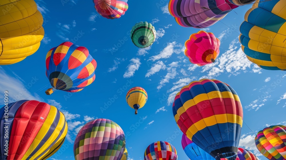 Fototapeta premium Majestic display of multi-colored balloons, a brilliant blue sky overhead, paradise essence, viewed from below