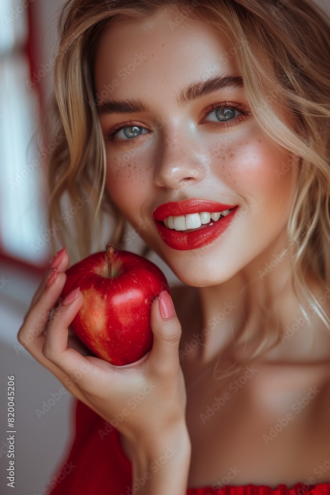 Portrait of woman with beautiful and perfect teeth eating an apple. Portrait of woman with beautiful and perfect teeth eating an apple.