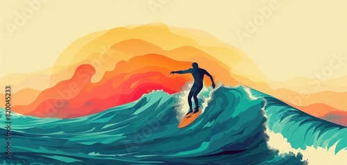 Colorful illustration of a surfer riding ocean waves at sunset, with a vibrant orange and red sky in the background.