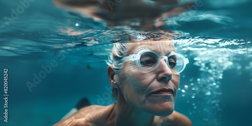 Embracing Active Retirement: Elderly Woman Swimming in the Ocean to Stay Healthy. Concept Health and Wellness, Senior Fitness, Active Lifestyle, Beach Activities, Healthy Aging