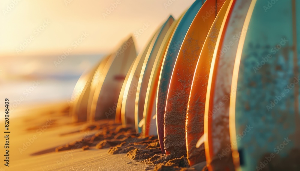 A row of surfboards standing in the sand, banner concept, close up, summer adventure, ethereal, silhouette, ocean backdrop A row of surfboards standing in the sand, banner concept, close up, summer adventure, ethereal, silhouette, ocean backdrop