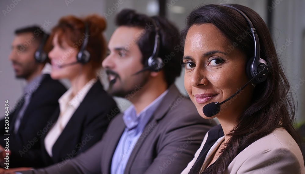 Call center worker accompanied by her team Call center worker accompanied by her team