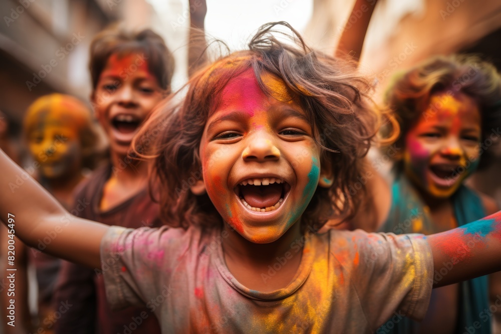 a group of children celebrating the Holi party in the street throwing colorful powder looking at each other a group of children celebrating the Holi party in the street throwing colorful powder looking at each other