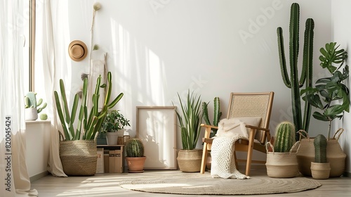 Creative composition of elegant and boho living room with wooden armchair a lot of plants cacti books baskets mock up photo frames carpet and personal accessories Cozy home decor Templ : Generative AI photo