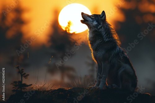 Depicting a silhouette image of wolf howling with moon on the background