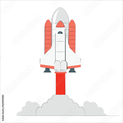 Rocket ship flies up with sky clouds on blue background. Flat icon. Vector illustration with flying shuttle. Space travel. Space rocket launch. New project start up concept. Creative idea.  © SRS Creator