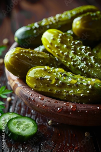 Crispy green pickles with water drops on wooden background 