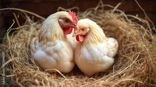 Two white chickens sitting close together in a nest of straw. Photography for design and print. Farm life and animal companionship concept. Design for poster, wallpaper, greeting card, invitation © nextzimost