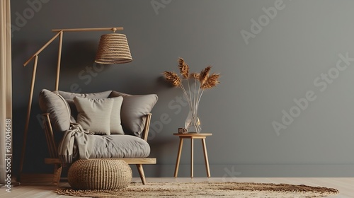 Cozy armchair with pillow luminous lamp table dry plants in vase ottoman and carpet on floor on gray wall background in living room Boho style modern design and blog about interior and : Generative AI