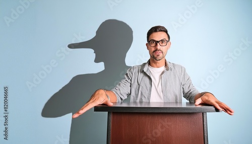 man at a podium with a shadow suggesting a long nose, implying dishonesty