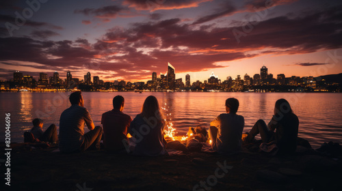 Group of people sitting on the shore of the lake and looking at sunset