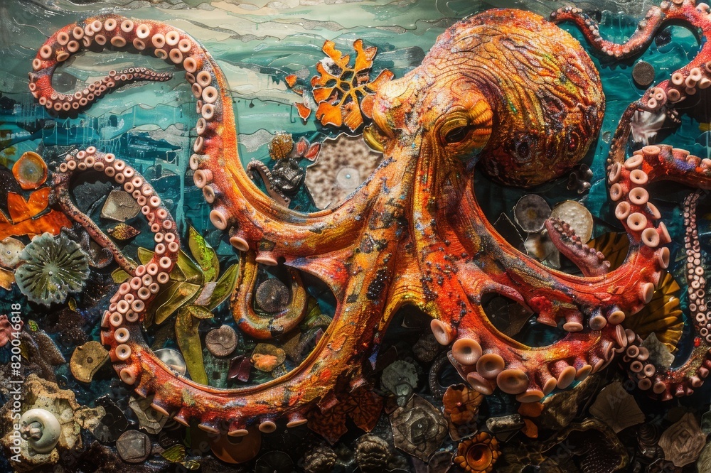 Obraz premium A close-up of a painting of an octopus. The octopus is brown with lighter speckles and darker spots. It has eight long tentacles that are spread out in front of it. Some of the tentacles