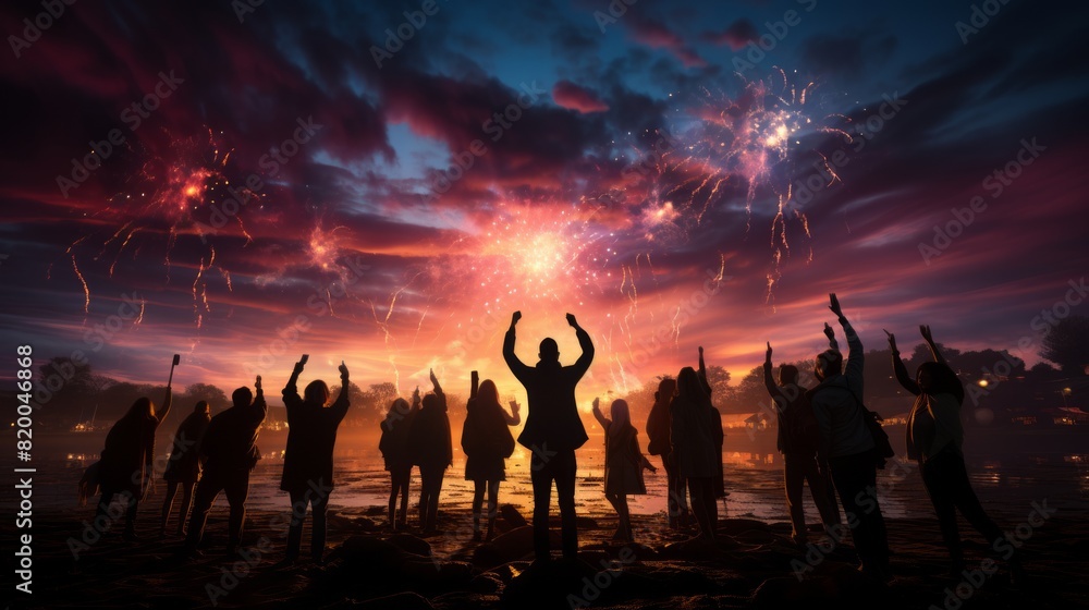 Group of people sitting on the shore of the lake and looking at sunset Group of people sitting on the shore of the lake and looking at sunset