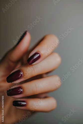 fingernails painted in a plum colored polish