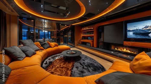 Luxury smart modern living room: plush leather sofa, a smart fireplace, home automation system
