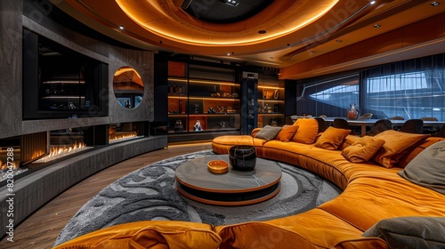 Luxury smart modern living room: plush leather sofa, a smart fireplace, home automation system