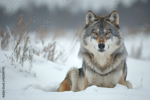Digital image of grey wolf in snow on white background, high quality, high resolution