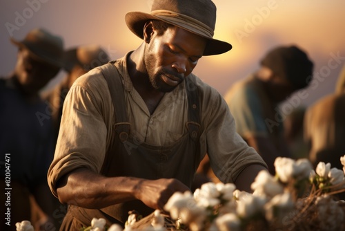  a group of workers receiving cotton on a plantation. 