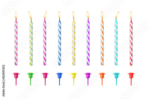 3d realistic colorful candles for birthday cake. Holiday candles with burning flames candlelight on wicks, celebration objects. Vector