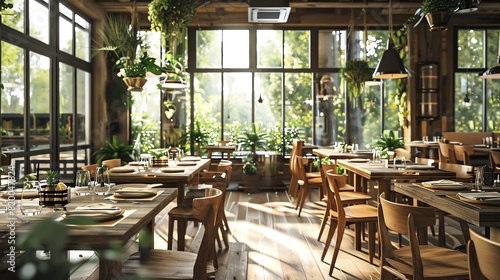 Farmtotable restaurant, rustic wooden tables with vegan dishes served, natural light from large windows, wide shot, inviting and communityfocused atmosphere photo