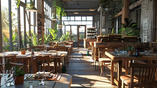 Farmtotable restaurant, rustic wooden tables with vegan dishes served, natural light from large windows, wide shot, inviting and communityfocused atmosphere photo