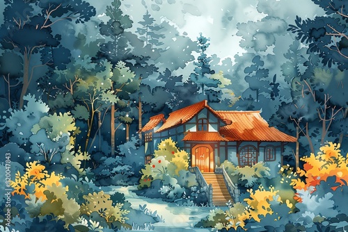 Forest retreat flat design front view relaxation theme watercolor triadic color scheme photo
