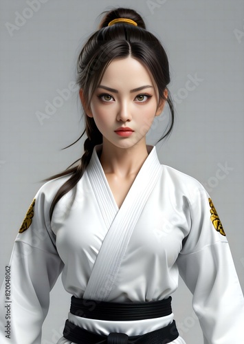 Luminous woman wearing sexy martial art uniform, high quality portrait, isolated on a background