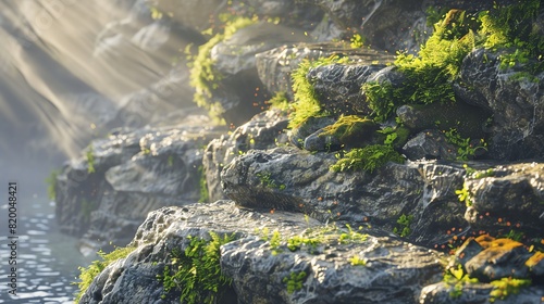 Wide shot of a rocky cliffside  sunlit  with moss and small plants growing in crevices  high contrast and detailed textures