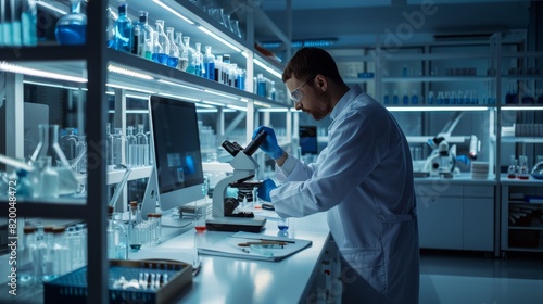 A scientist is conducting sophisticated research using a microscope in a hightech laboratory, focusing on analysis and discovery with modern equipment and precise experimentation